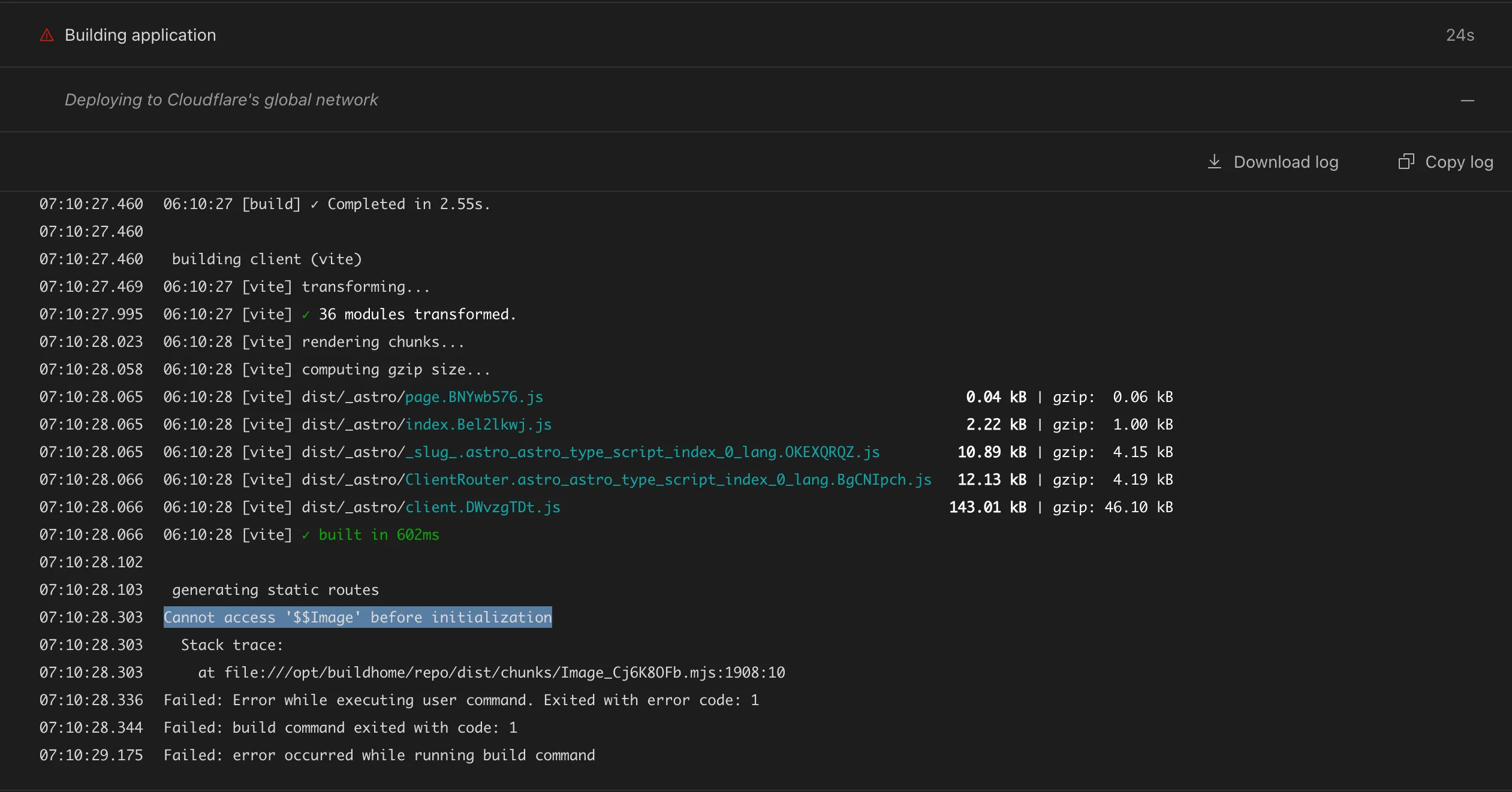 Cloudflare report - astro build error: cannot access $$Image before initialization