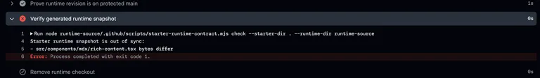 CI failing at “Verify generated runtime snapshot”: src/components/mdx/rich-content.tsx bytes differ from the pinned Thally runtime